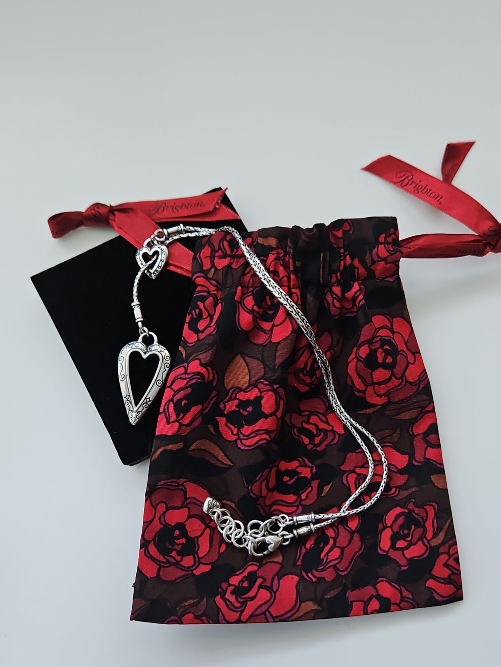 Brighton Silver Heart Pendant Necklace with Red Rose Pouch